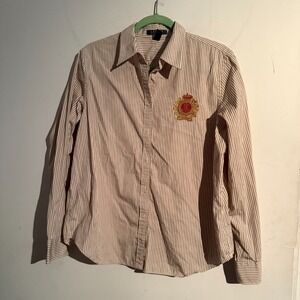 Lauren Ralph Lauren Womens XL Button Down Shirt Embroidered Crest Brown White